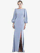 Rear View Thumbnail - Sky Blue & Evergreen Bishop Sleeve Open-Back Trumpet Gown with Scarf Tie