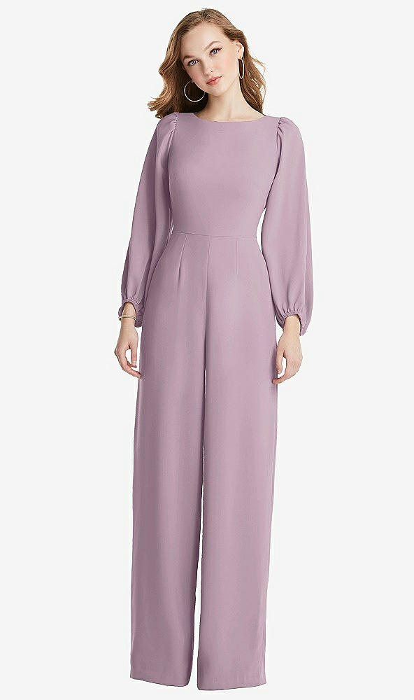 Back View - Suede Rose & Willow Green Bishop Sleeve Open-Back Jumpsuit with Scarf Tie