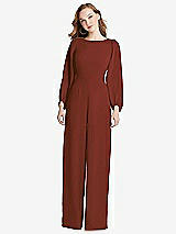 Rear View Thumbnail - Auburn Moon & Willow Green Bishop Sleeve Open-Back Jumpsuit with Scarf Tie
