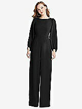 Rear View Thumbnail - Black & Willow Green Bishop Sleeve Open-Back Jumpsuit with Scarf Tie