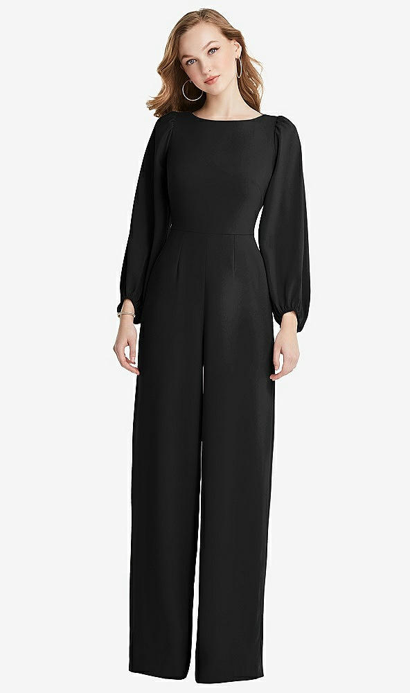 Back View - Black & Willow Green Bishop Sleeve Open-Back Jumpsuit with Scarf Tie