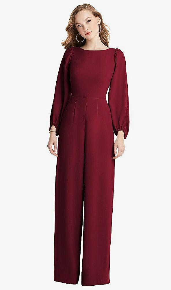 Back View - Burgundy & Willow Green Bishop Sleeve Open-Back Jumpsuit with Scarf Tie