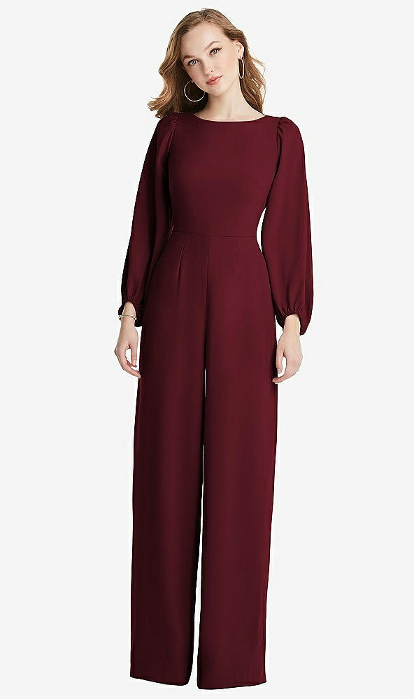 Back View - Cabernet & Willow Green Bishop Sleeve Open-Back Jumpsuit with Scarf Tie
