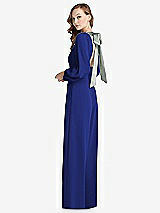 Alt View 1 Thumbnail - Cobalt Blue & Willow Green Bishop Sleeve Open-Back Jumpsuit with Scarf Tie