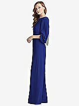 Side View Thumbnail - Cobalt Blue & Willow Green Bishop Sleeve Open-Back Jumpsuit with Scarf Tie