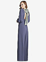 Front View Thumbnail - French Blue & Willow Green Bishop Sleeve Open-Back Jumpsuit with Scarf Tie