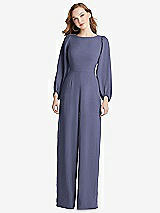 Rear View Thumbnail - French Blue & Willow Green Bishop Sleeve Open-Back Jumpsuit with Scarf Tie