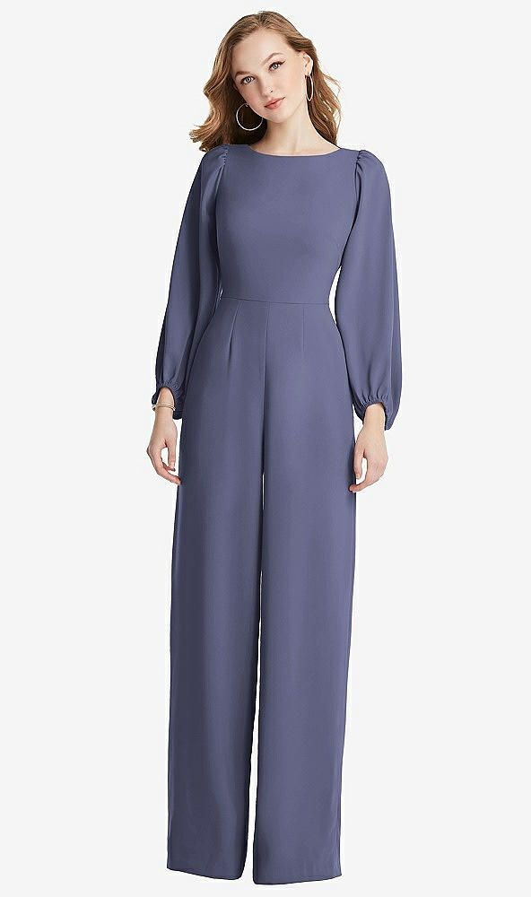 Back View - French Blue & Willow Green Bishop Sleeve Open-Back Jumpsuit with Scarf Tie