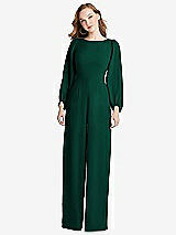 Rear View Thumbnail - Hunter Green & Willow Green Bishop Sleeve Open-Back Jumpsuit with Scarf Tie