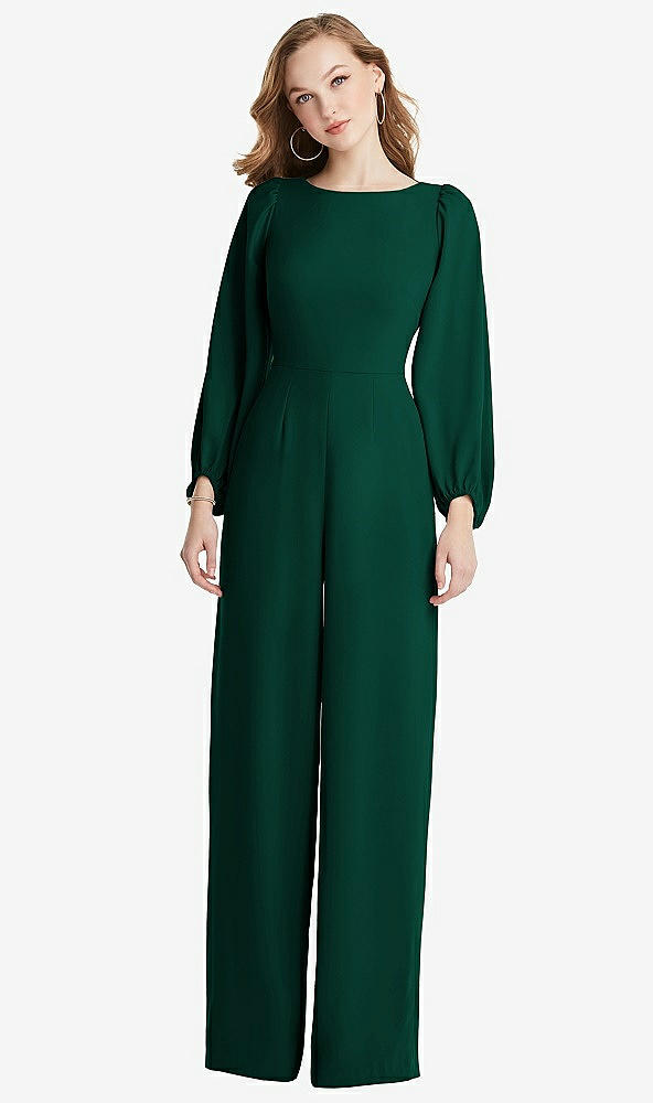 Back View - Hunter Green & Willow Green Bishop Sleeve Open-Back Jumpsuit with Scarf Tie