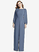 Rear View Thumbnail - Larkspur Blue & Willow Green Bishop Sleeve Open-Back Jumpsuit with Scarf Tie
