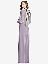 Front View Thumbnail - Lilac Haze & Willow Green Bishop Sleeve Open-Back Jumpsuit with Scarf Tie