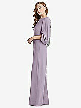 Side View Thumbnail - Lilac Haze & Willow Green Bishop Sleeve Open-Back Jumpsuit with Scarf Tie