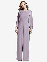 Rear View Thumbnail - Lilac Haze & Willow Green Bishop Sleeve Open-Back Jumpsuit with Scarf Tie