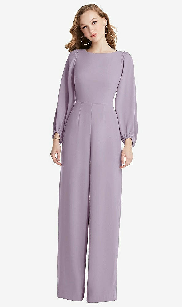 Back View - Lilac Haze & Willow Green Bishop Sleeve Open-Back Jumpsuit with Scarf Tie