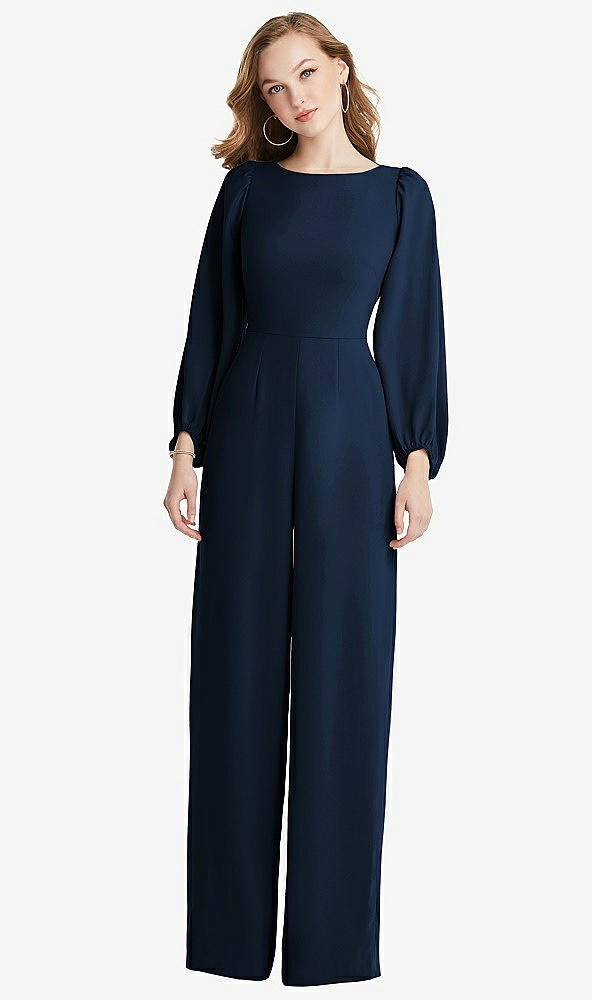 Back View - Midnight Navy & Willow Green Bishop Sleeve Open-Back Jumpsuit with Scarf Tie
