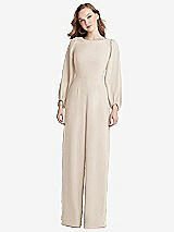 Rear View Thumbnail - Oat & Willow Green Bishop Sleeve Open-Back Jumpsuit with Scarf Tie