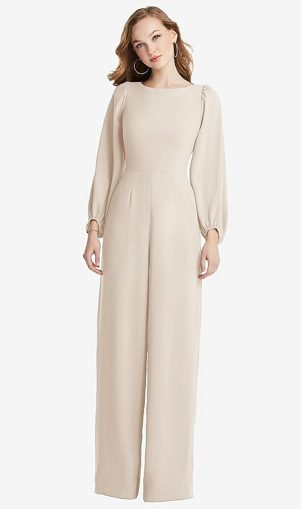 Back View - Oat & Willow Green Bishop Sleeve Open-Back Jumpsuit with Scarf Tie