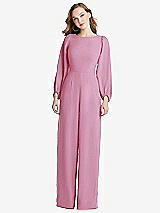 Rear View Thumbnail - Powder Pink & Willow Green Bishop Sleeve Open-Back Jumpsuit with Scarf Tie