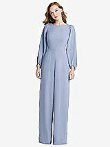 Rear View Thumbnail - Sky Blue & Willow Green Bishop Sleeve Open-Back Jumpsuit with Scarf Tie