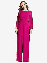 Rear View Thumbnail - Think Pink & Willow Green Bishop Sleeve Open-Back Jumpsuit with Scarf Tie