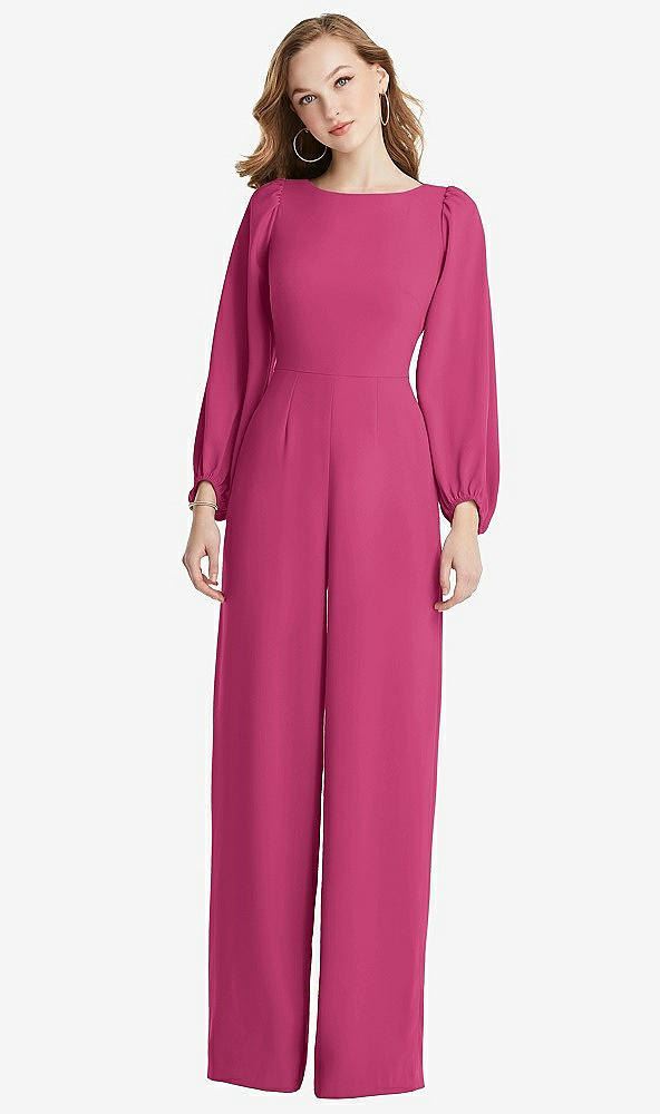 Back View - Tea Rose & Willow Green Bishop Sleeve Open-Back Jumpsuit with Scarf Tie