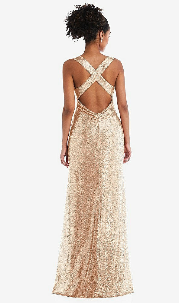 Back View - Rose Gold Open-Neck Criss Cross Back Sequin Maxi Dress