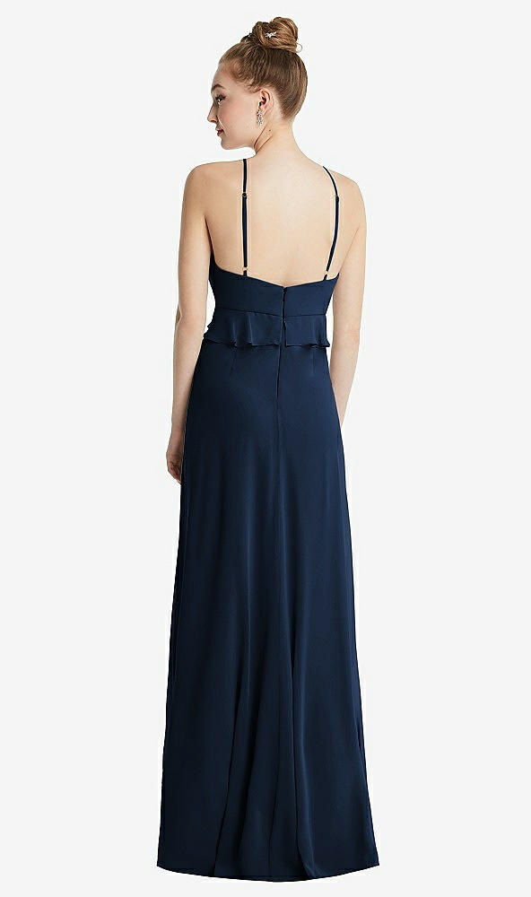 Back View - Midnight Navy Bias Ruffle Empire Waist Halter Maxi Dress with Adjustable Straps