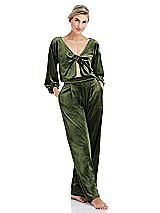 Alt View 1 Thumbnail - Olive Green Tie-Front Velvet Puff Sleeve Top - Poppy