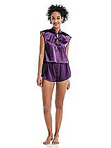 Alt View 1 Thumbnail - African Violet Satin Stand Collar Tie-Front Pullover Top - Remi