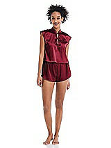 Alt View 1 Thumbnail - Burgundy Satin Stand Collar Tie-Front Pullover Top - Remi