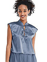 Front View Thumbnail - Larkspur Blue Satin Stand Collar Tie-Front Pullover Top - Remi