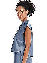 Side View Thumbnail - Larkspur Blue Satin Stand Collar Tie-Front Pullover Top - Remi