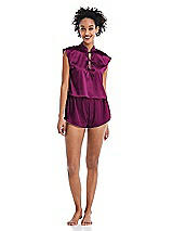 Alt View 1 Thumbnail - Merlot Satin Stand Collar Tie-Front Pullover Top - Remi