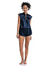 Alt View 1 Thumbnail - Midnight Navy Satin Stand Collar Tie-Front Pullover Top - Remi