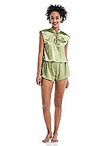 Alt View 1 Thumbnail - Mint Satin Stand Collar Tie-Front Pullover Top - Remi