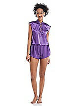 Alt View 1 Thumbnail - Pansy Satin Stand Collar Tie-Front Pullover Top - Remi