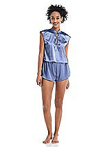 Alt View 1 Thumbnail - Periwinkle - PANTONE Serenity Satin Stand Collar Tie-Front Pullover Top - Remi