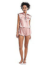 Alt View 1 Thumbnail - Rose Satin Stand Collar Tie-Front Pullover Top - Remi