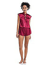 Alt View 1 Thumbnail - Valentine Satin Stand Collar Tie-Front Pullover Top - Remi