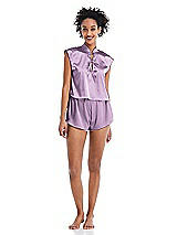 Alt View 1 Thumbnail - Wood Violet Satin Stand Collar Tie-Front Pullover Top - Remi