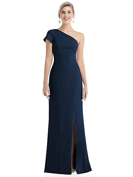 One-Shoulder Cap Sleeve Trumpet Gown with Front Slit