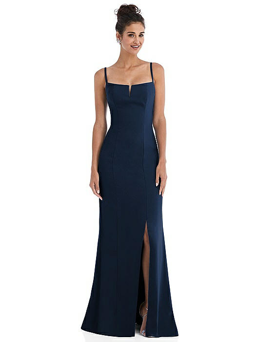 Notch Crepe Trumpet Gown with Front Slit
