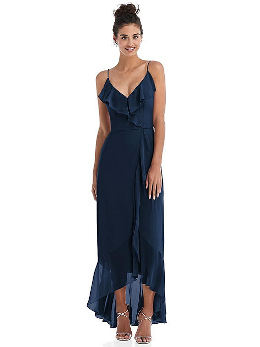 Ruffle-Trimmed V-Neck High Low Wrap Dress