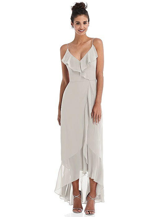 Ruffle-Trimmed V-Neck High Low Wrap Dress