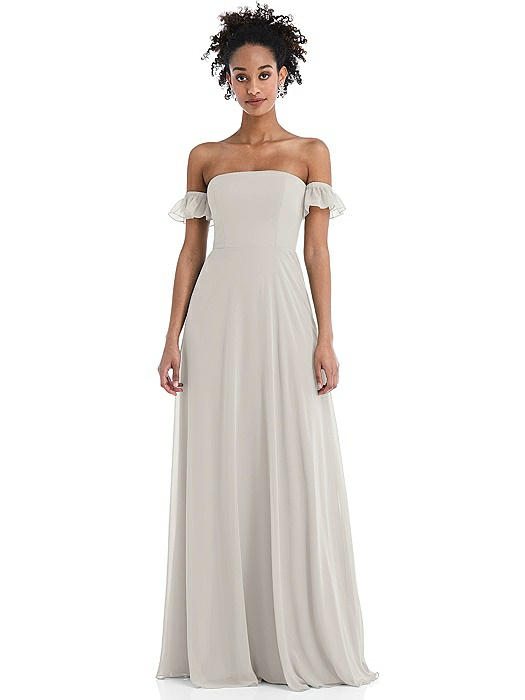 Off-the-Shoulder Ruffle Cuff Sleeve Chiffon Maxi Dress