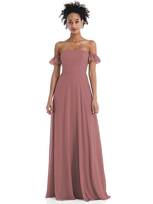 Off-the-Shoulder Ruffle Cuff Sleeve Chiffon Maxi Dress
