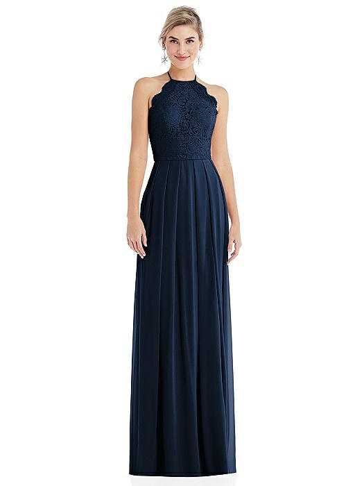 Tie-Neck Lace Halter Pleated Skirt Maxi Dress