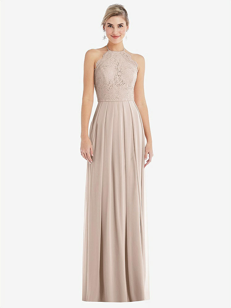 Tie-neck Lace Halter Pleated Skirt Maxi Bridesmaid Dress In Ivory
