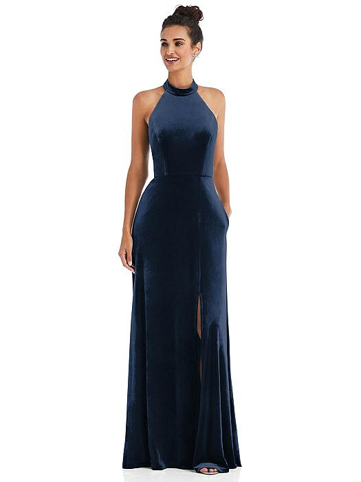 High-Neck Halter Velvet Maxi Dress with Front Slit
